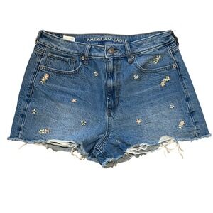 American Eagle Women's Blue Denim Floral Embroidered Shorts Size 8